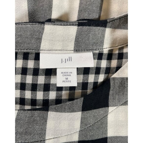 J. Jill Gingham Double Cloth Dress Roll Tab Sleeve Button Back Black & White - Picture 6 of 16